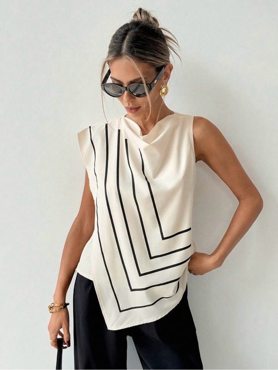 Tops - Sleeveless Cream Draped Top with Black Geometric Lines